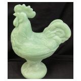 JADEITE ROOSTER ON A NEST CANDY BOX, 8.5in H