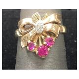 14KYG 3.9G  RUBY & DIAMOND RIBBIN RING SIZE 6.5