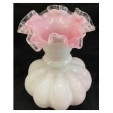 FENTON PEACH CREST CRIMPED TULIP VASE, 8in H