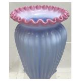 1983 FENTON RIBBED BLUE BURMESE, PINK RIM VASE,