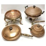 (4) VTG. COPPER PANS, CHAFFING DISHES, TEA KETTLE