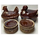 HULL BROWN DRIP POTTERY HEN ON NEST & DUCK