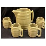 1920s YELLOWARE BARREL PITCHER & 4 MUGS