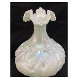 FENTON IRIDESCENT SEA GREEN SATIN SWAN VASE, 8in H