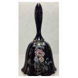 FENTON BLACK SCALLOPED FLORAL BELL, HAND PAINTED