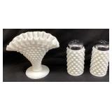 FENTON HOBNAIL MILK GLASS FAN VASE & SALT &