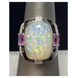 PLATINUM OPAL, SAPPHIRE & DIAMOND RING, SIZE 7.25