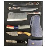 (6) ASSORTED DAMASCUS KNIVES, CLEAVER, POCKETKNIFE