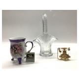 3pc GLASS BASKET, PILL BOX, PORCELAIN MUG LOT