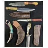 (5) ASSORTED CUSTOM DAMASCUS FIXED BLADE KNIVES,