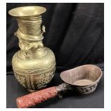 1920s CHINESE BRASS DRAGON VASE & SILK IRON w RED