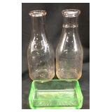 2 Vintage Milk Bottles, Green Dep Butter Dish