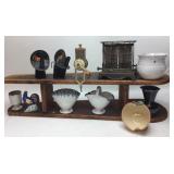 Primitive ironing board, toaster, grinder, pottery