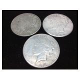 2 SILVER PEACE DOLLARS, 1 MORGAN SILVER DOLLAR