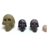 4 HAND CARVED STONE SKULLS, AGATE, QUARTZ, BLACK