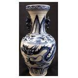 VINTAGE B & W PORCELAIN VASE W DRAGON, 10''H