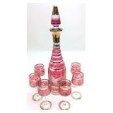 VINTAGE CUT TO CLEAR CRANBERRY DECANTER & GLASSES