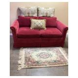 Cranberry Velour Loveseat With 3 Decorative