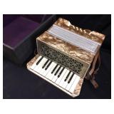 VINTAGE PIANO ACCORDIAN w ORNATE METAL GRILL W
