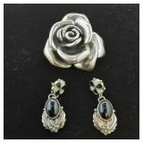 Sterling Rose pendant, Onyx and Opal earrings
