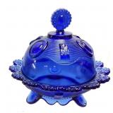 VTG. IMPERIAL COBALT BLUE TRI-FOOT LIDDED DISH