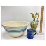 14" Yellow Ware Mixing Bowl and Salt Glazed Mug