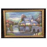 DECORATIVE COTTAGE LANDSCAPE PAINTING, FRAMED