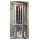 WHITE LIGHTED CORNER GLASS CURIO CABINET