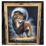 MID CENTURY SIGNED ORTIZ, LION PAINTING ON BLACK