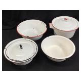 4 VTG. ENAMELWARE RED & BLACK TRIM POTS, 2 LIDS