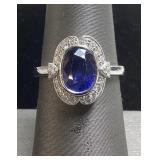 PLATINUM BLUE SAPPHIRE & DIAMOND RING, SIZE 7