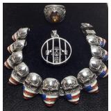 (3) STAINLESS STEEL MENS JEWELRY, CAGED SKULL