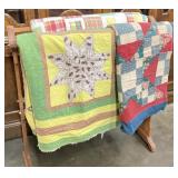 VINTAGE HANDMADE QUILT STAND AND 3 HAND MADE