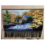 LARGE CREWEL EMBROIDERED MILL w WATERWHEEL