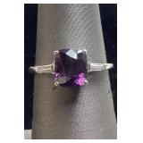 14 KT WHITE GOLD PURPLE SPINEL & DIAMOND RING,