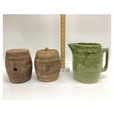 Vintage Barrel Shaped Green Stoneware Pitcher