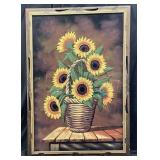 VTG. SIGNED SANCHEZ, SUNFLOWERS PAINTING ON BLACK