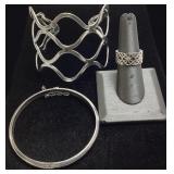 (3) SILVER 925 CUFF BRACELETS & RING, 45g TOTAL