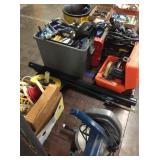 FULL TABLE LOT OF TOOLS, CHOP SAW, TOOL BOXES