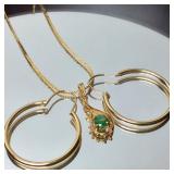 14KT GOLD HOOP EARRINGS W/CHAIN & EMERALD CHARM
