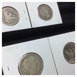 QTY 4 SILVER BARBER QUARTERS 1907,1903,1893,1892