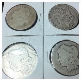 4 MORGAN SILVER DOLLARS 1881, 1890, 1886, NA