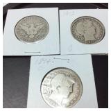 3 BARBER SILVER HALF DOLLARS 1915, 1912, 1894