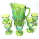 GREEN CARNIVAL PITCHER & 5 TUMBLERS