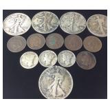 5 WALKING LIBERTY HALVES, 7 INDIAN HEAD