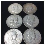 6 SILVER FRANKLIN HALF DOLLARS