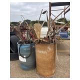 Lot of 2 Barrels of Garden Tools and More