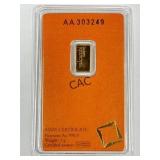Valcambi Suisse 1 Gram Gold Assayer Bar w/Card