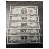 Lot of 5 U.S. 1963 $2 Red Seal Certificates (A+)