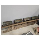 Distressed Wooden Shelf w/Metal Train Cars